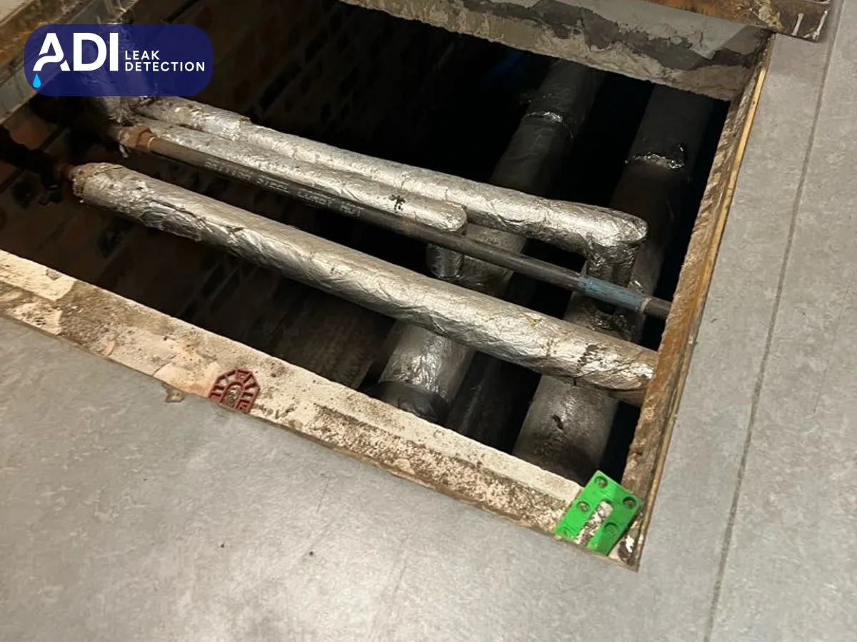 Lagged heating pipes in a duct under a lifted floor hatch